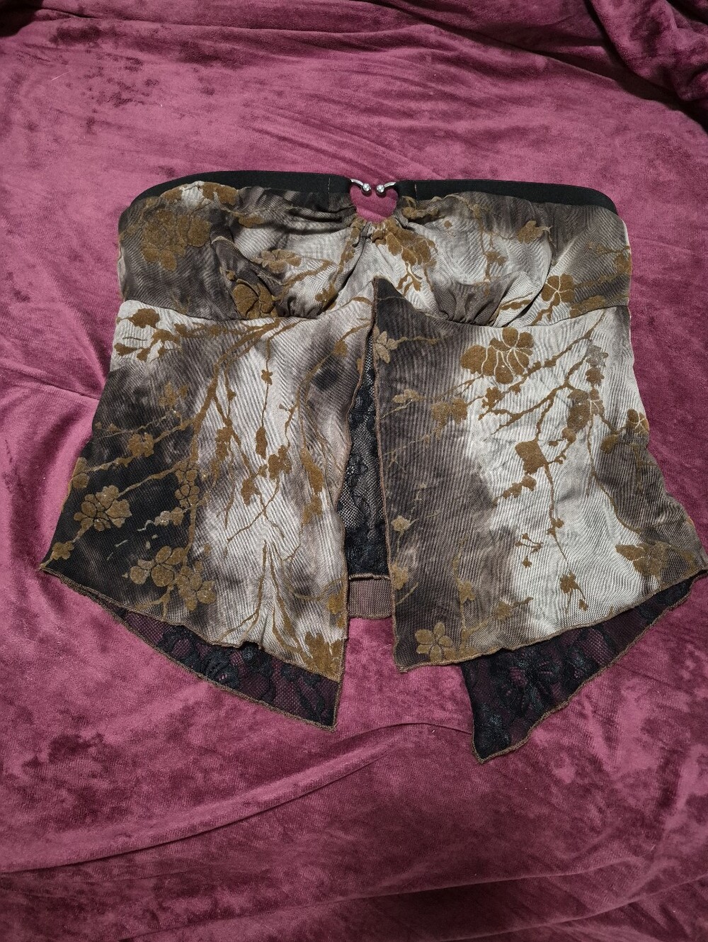 Strapless Floral Velvet Corset Top in Brown and Black